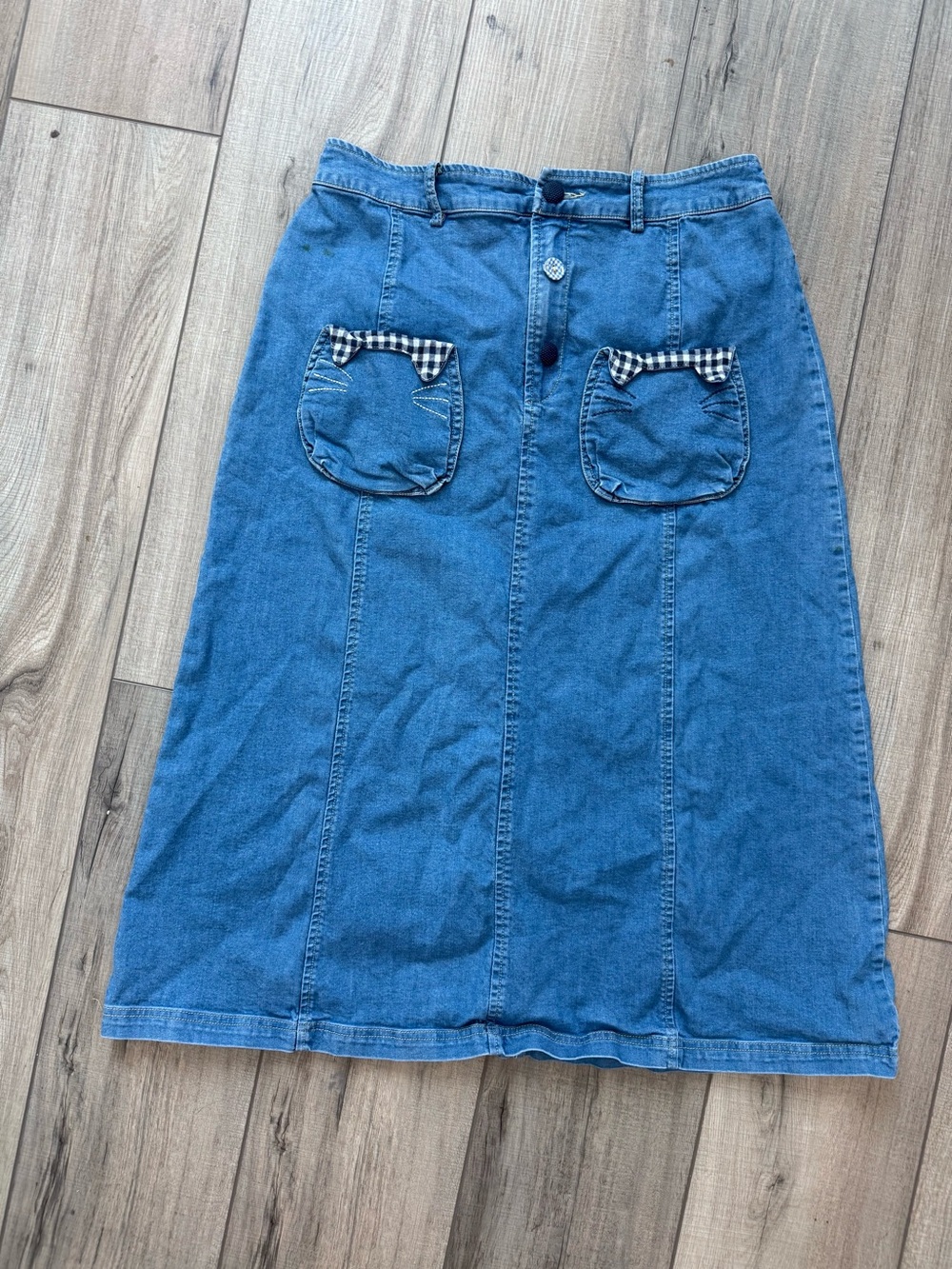 Happy Denim Midi Cat Pocket Skirt Plaid Size small Medium. Y2K Aline